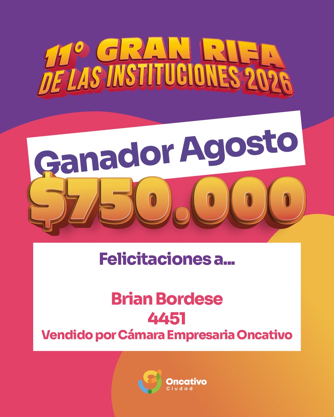 Ganador de Agosto de la 11° Gran Rifa de las Instituciones 2026.