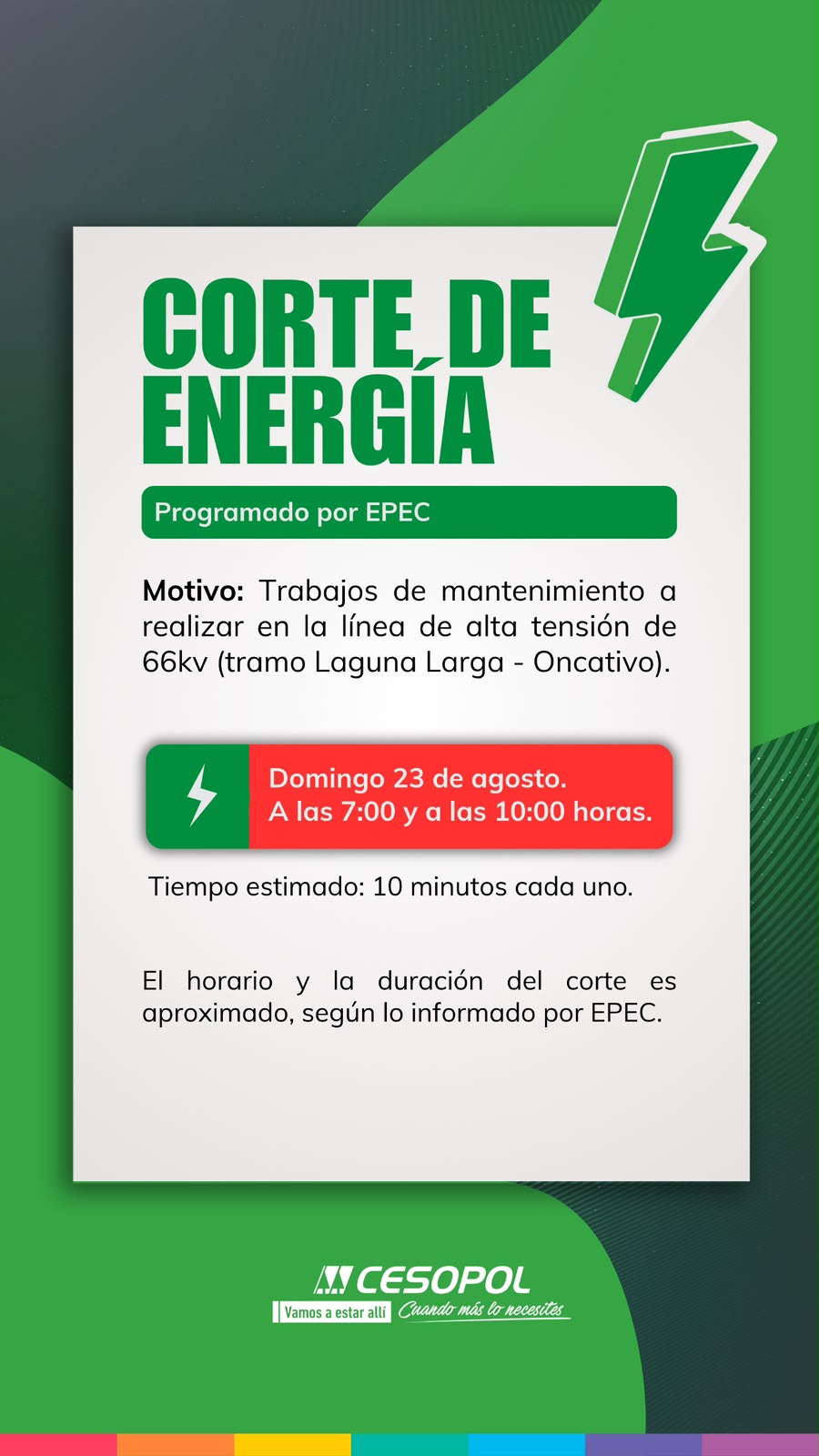 Oncativo - Corte de energía programado por EPEC